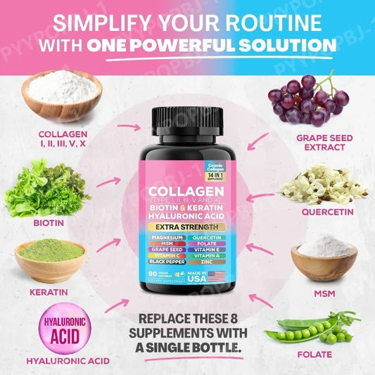 Collagen Complex Capsules with Biotin, Hyaluronic Acid & Vitamins A C & E– 14 in 1 Daily Beauty Nutrition Support 90 Pieces