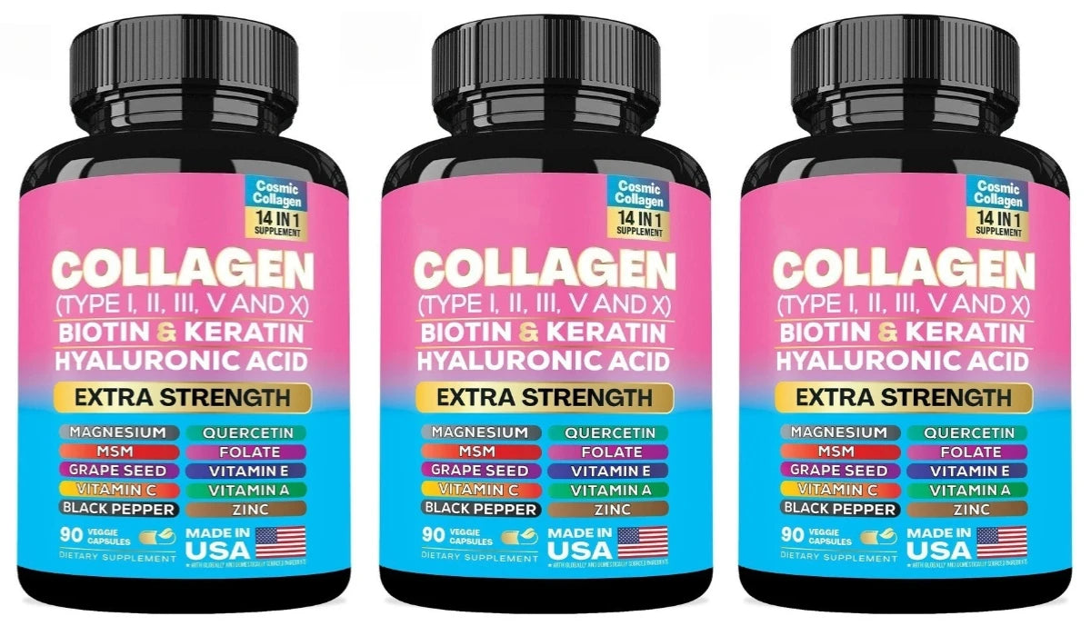 Collagen Complex Capsules with Biotin, Hyaluronic Acid & Vitamins A C & E– 14 in 1 Daily Beauty Nutrition Support 90 Pieces