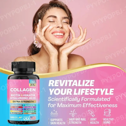 Collagen Complex Capsules with Biotin, Hyaluronic Acid & Vitamins A C & E– 14 in 1 Daily Beauty Nutrition Support 90 Pieces