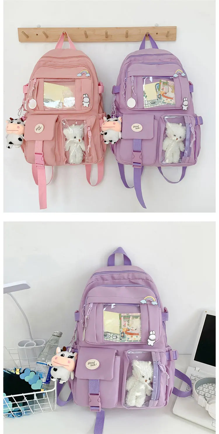 Cute Nylon Backpack Suitable for Young Girls, Female Students, and Ladies, Multi-Pocket Student Backpack