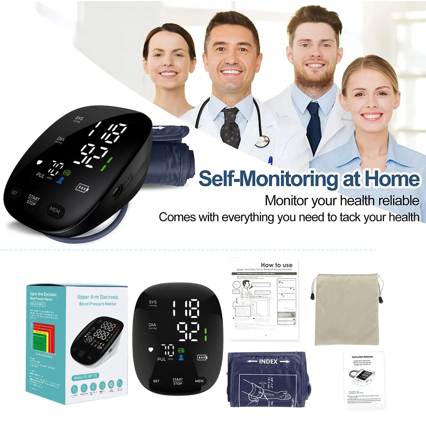 Kingclinic New Household Arm Type Digital Electronic Portable LED Smart Blood Pressure Meter BP Monitor