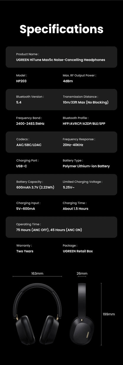 Choice Wireless Bluetooth Headphones 43dB Hybrid Active Noise Cancellation Hi-Res LDAC 75H Spatial Audio Headset Earphones