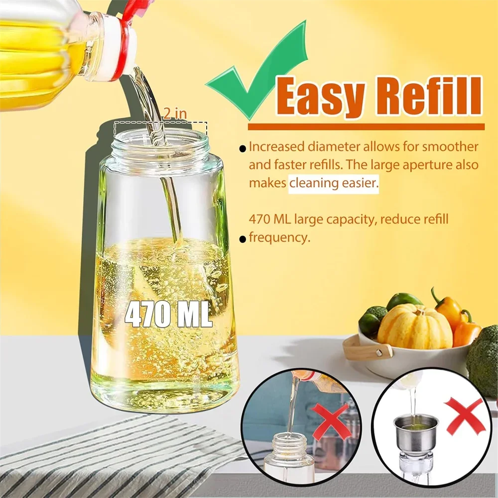 Oil Dispenser,15.8oz/470ml,2in1 Oil Sprayer & Pourer for Salads,Frying,Grilling,Ideal for Kitchen,Glass Oil Sprayer Bottle