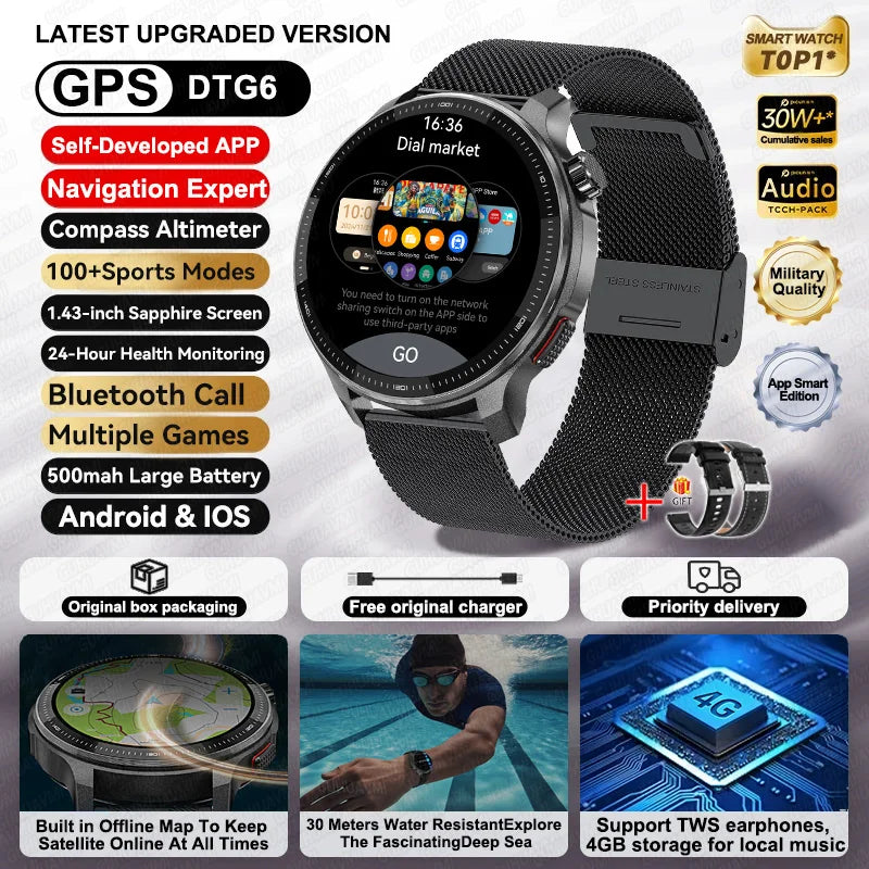 2026 New Smart Watch GPS offline map 4GB Video Player Compass 10ATM Waterproof Smartwatch Men Heart rate Sports outdoor tracking