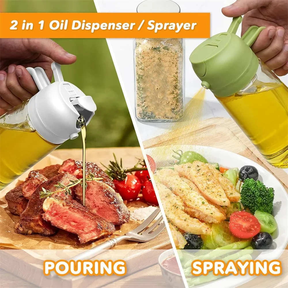 Oil Dispenser,15.8oz/470ml,2in1 Oil Sprayer & Pourer for Salads,Frying,Grilling,Ideal for Kitchen,Glass Oil Sprayer Bottle