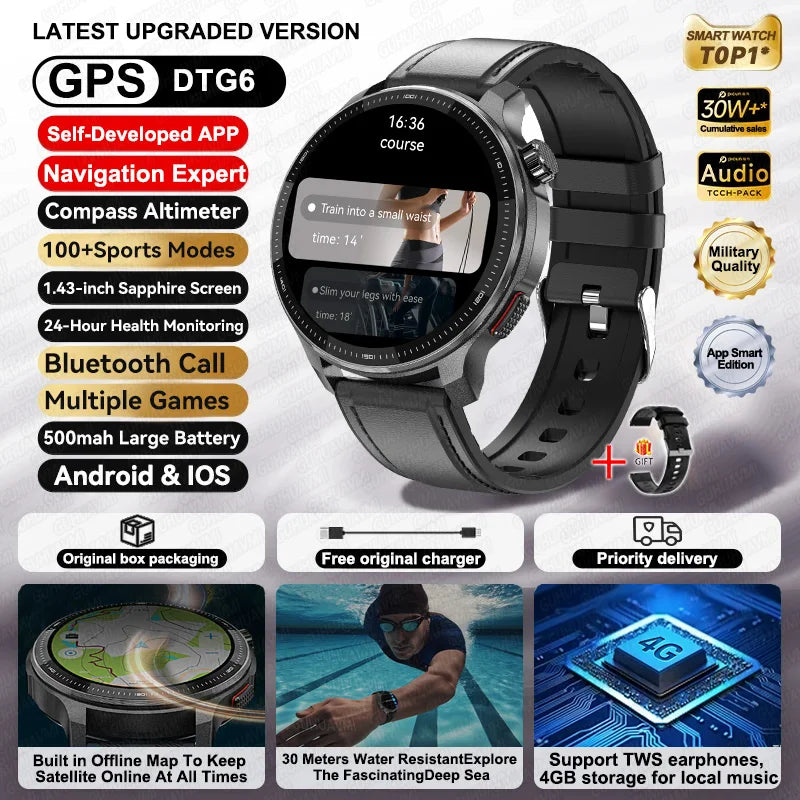 2026 New Smart Watch GPS offline map 4GB Video Player Compass 10ATM Waterproof Smartwatch Men Heart rate Sports outdoor tracking