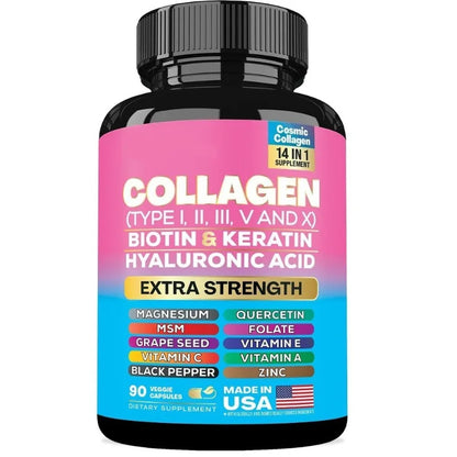 Collagen Complex Capsules with Biotin, Hyaluronic Acid & Vitamins A C & E– 14 in 1 Daily Beauty Nutrition Support 90 Pieces