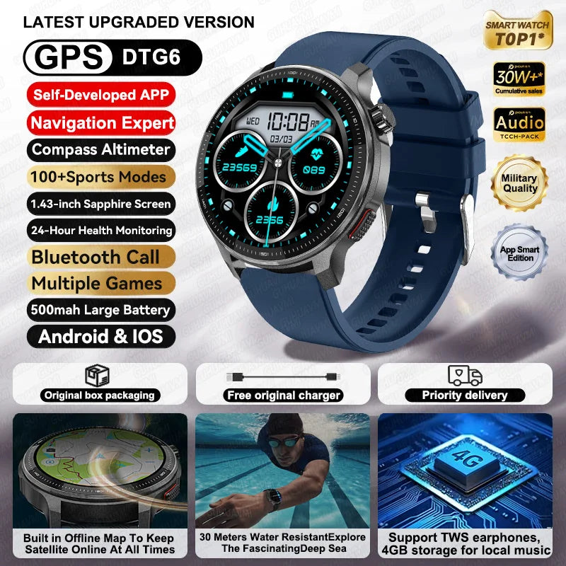 2026 New Smart Watch GPS offline map 4GB Video Player Compass 10ATM Waterproof Smartwatch Men Heart rate Sports outdoor tracking