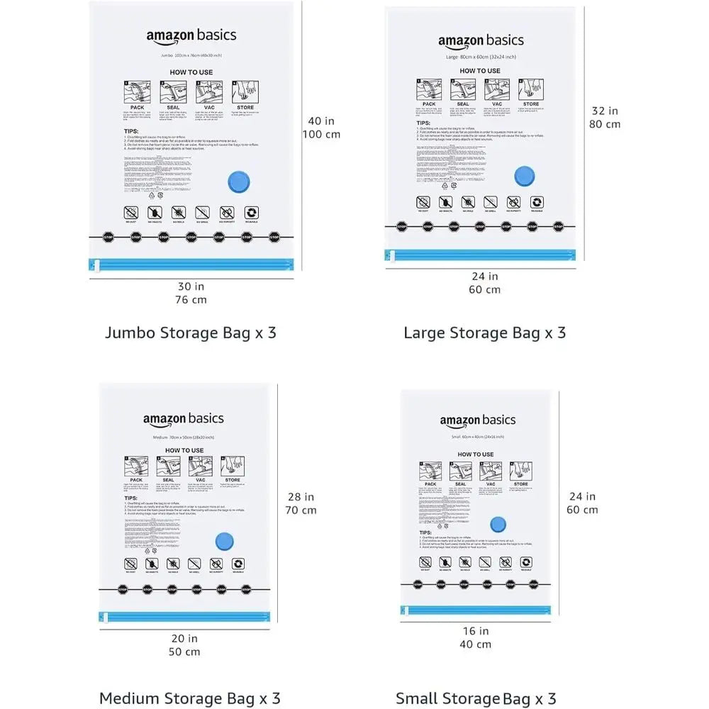 Compact Travel Vacuum Storage Bags with Hand Pump, 12 Pack (3 Small, 3 Medium, 3 Large, 3 Jumbo) for Clothes and Blankets