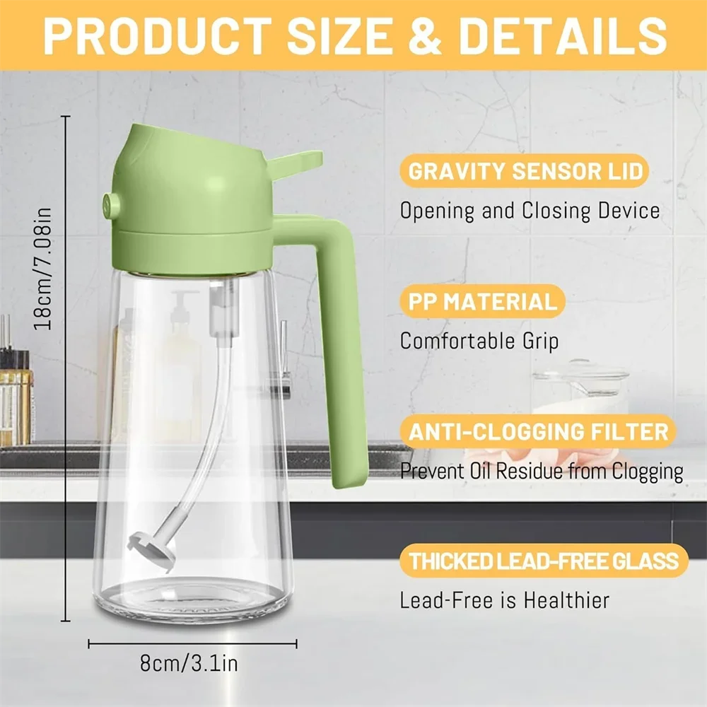 Oil Dispenser,15.8oz/470ml,2in1 Oil Sprayer & Pourer for Salads,Frying,Grilling,Ideal for Kitchen,Glass Oil Sprayer Bottle