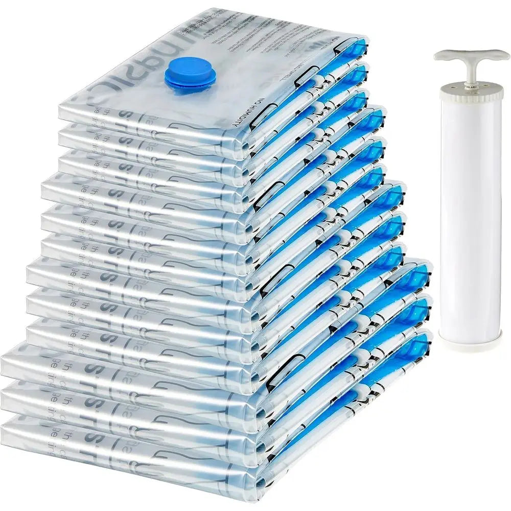 Compact Travel Vacuum Storage Bags with Hand Pump, 12 Pack (3 Small, 3 Medium, 3 Large, 3 Jumbo) for Clothes and Blankets