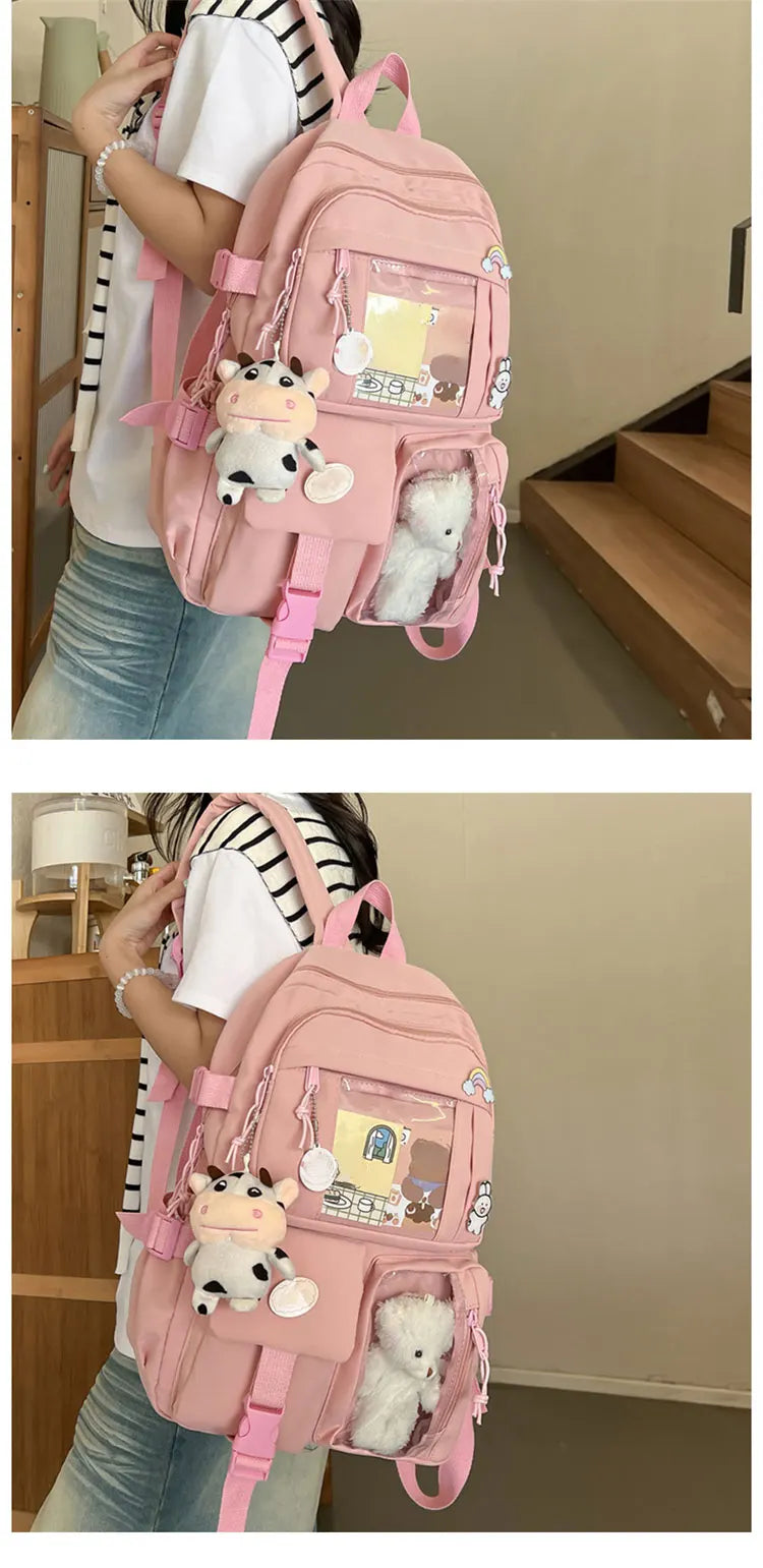 Cute Nylon Backpack Suitable for Young Girls, Female Students, and Ladies, Multi-Pocket Student Backpack