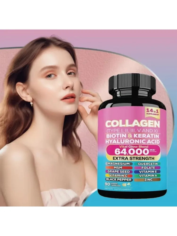 Collagen Complex Capsules with Biotin, Hyaluronic Acid & Vitamins A C & E– 14 in 1 Daily Beauty Nutrition Support 90 Pieces