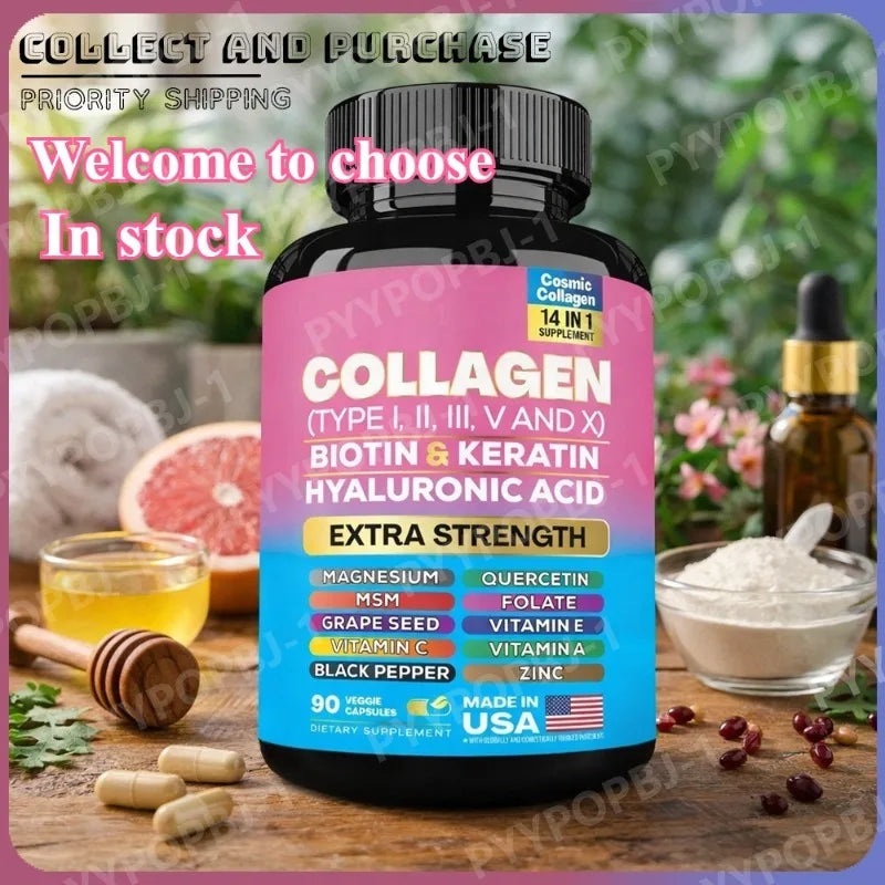 Collagen Complex Capsules with Biotin, Hyaluronic Acid & Vitamins A C & E– 14 in 1 Daily Beauty Nutrition Support 90 Pieces
