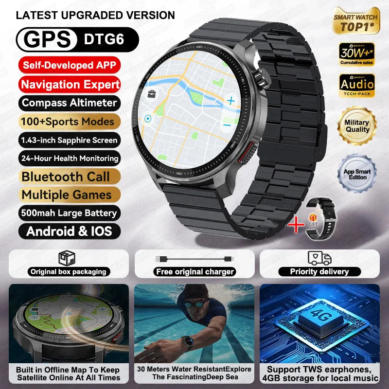 2026 New Smart Watch GPS offline map 4GB Video Player Compass 10ATM Waterproof Smartwatch Men Heart rate Sports outdoor tracking