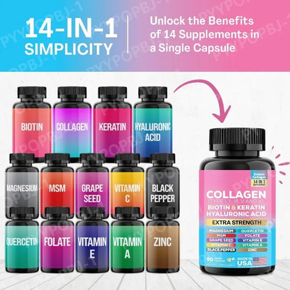 Collagen Complex Capsules with Biotin, Hyaluronic Acid & Vitamins A C & E– 14 in 1 Daily Beauty Nutrition Support 90 Pieces