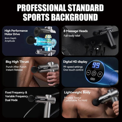 Lenovo Powerful Wireless Massager Gun - 8 Massage Heads, Rechargeable Deep Tissue Percussion Massager