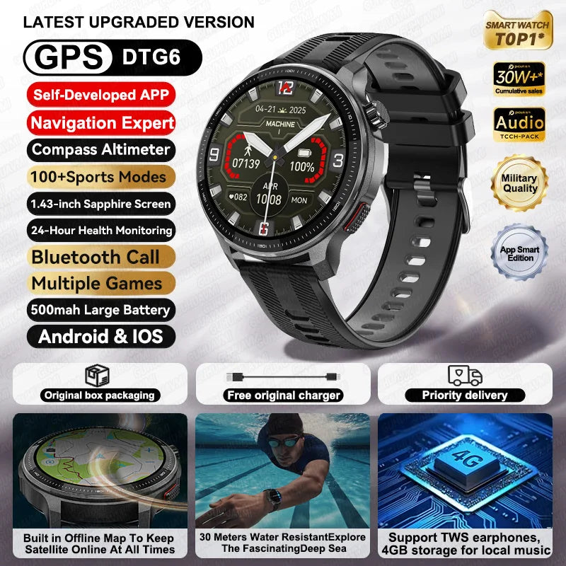 2026 New Smart Watch GPS offline map 4GB Video Player Compass 10ATM Waterproof Smartwatch Men Heart rate Sports outdoor tracking