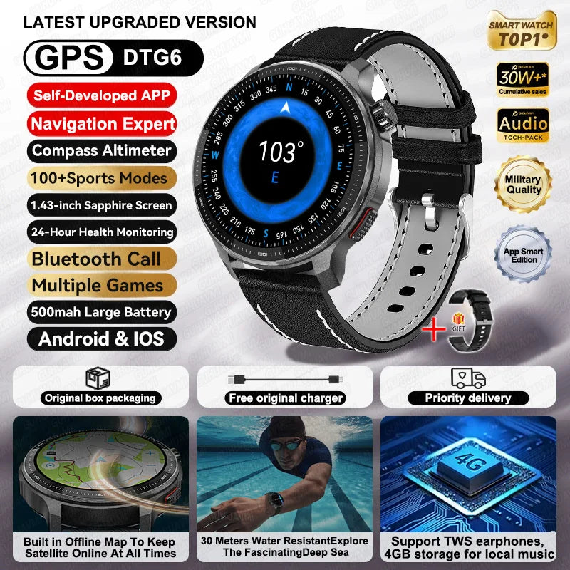 2026 New Smart Watch GPS offline map 4GB Video Player Compass 10ATM Waterproof Smartwatch Men Heart rate Sports outdoor tracking