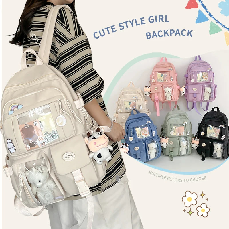 Cute Nylon Backpack Suitable for Young Girls, Female Students, and Ladies, Multi-Pocket Student Backpack