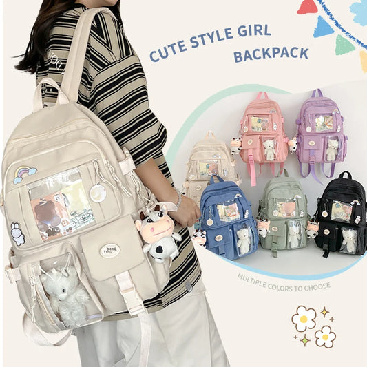 Cute Nylon Backpack Suitable for Young Girls, Female Students, and Ladies, Multi-Pocket Student Backpack