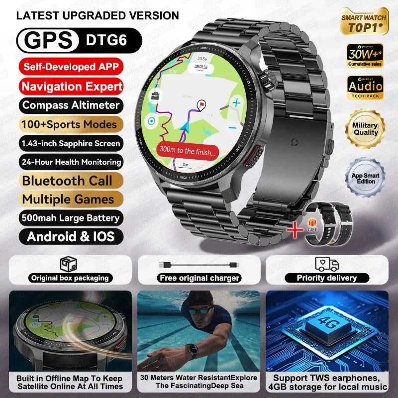 2026 New Smart Watch GPS offline map 4GB Video Player Compass 10ATM Waterproof Smartwatch Men Heart rate Sports outdoor tracking
