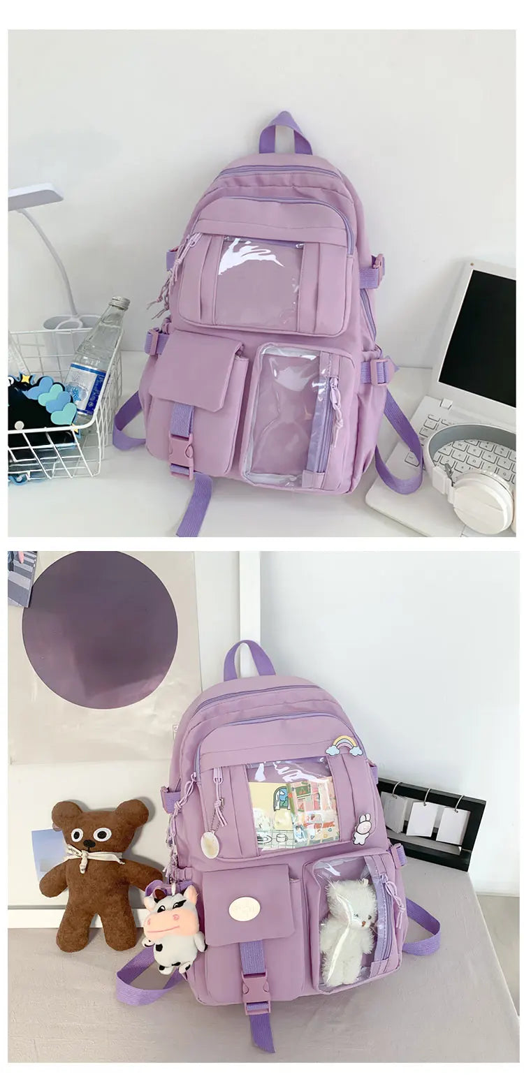 Cute Nylon Backpack Suitable for Young Girls, Female Students, and Ladies, Multi-Pocket Student Backpack