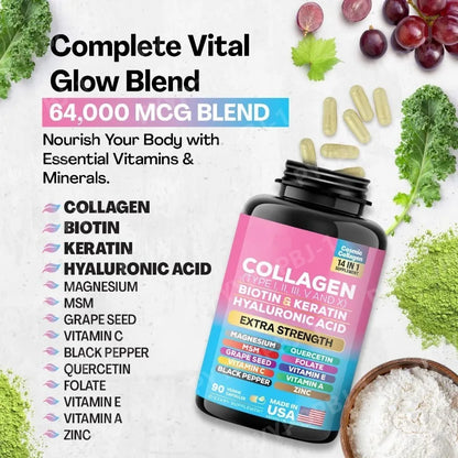 Collagen Complex Capsules with Biotin, Hyaluronic Acid & Vitamins A C & E– 14 in 1 Daily Beauty Nutrition Support 90 Pieces