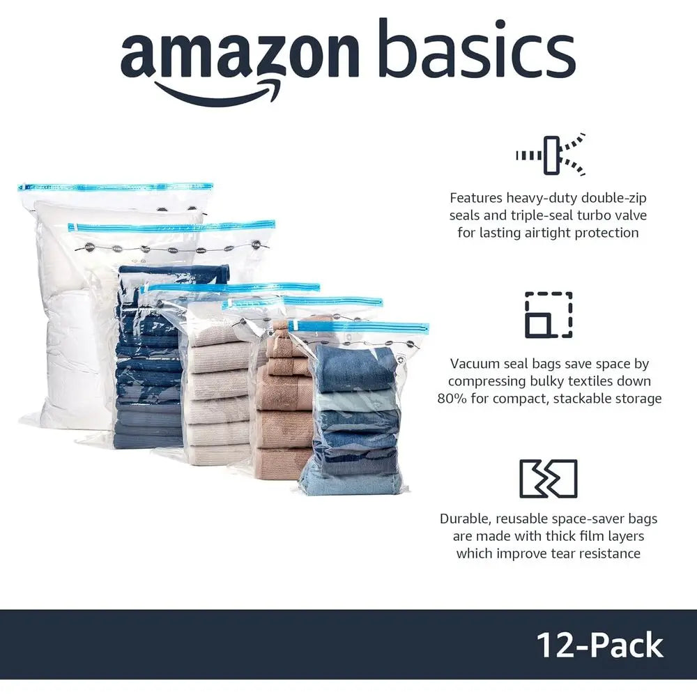 Compact Travel Vacuum Storage Bags with Hand Pump, 12 Pack (3 Small, 3 Medium, 3 Large, 3 Jumbo) for Clothes and Blankets