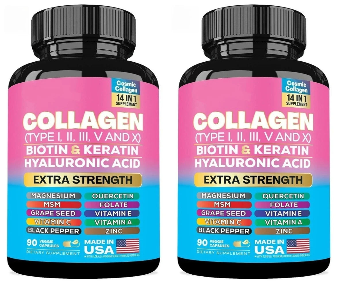 Collagen Complex Capsules with Biotin, Hyaluronic Acid & Vitamins A C & E– 14 in 1 Daily Beauty Nutrition Support 90 Pieces