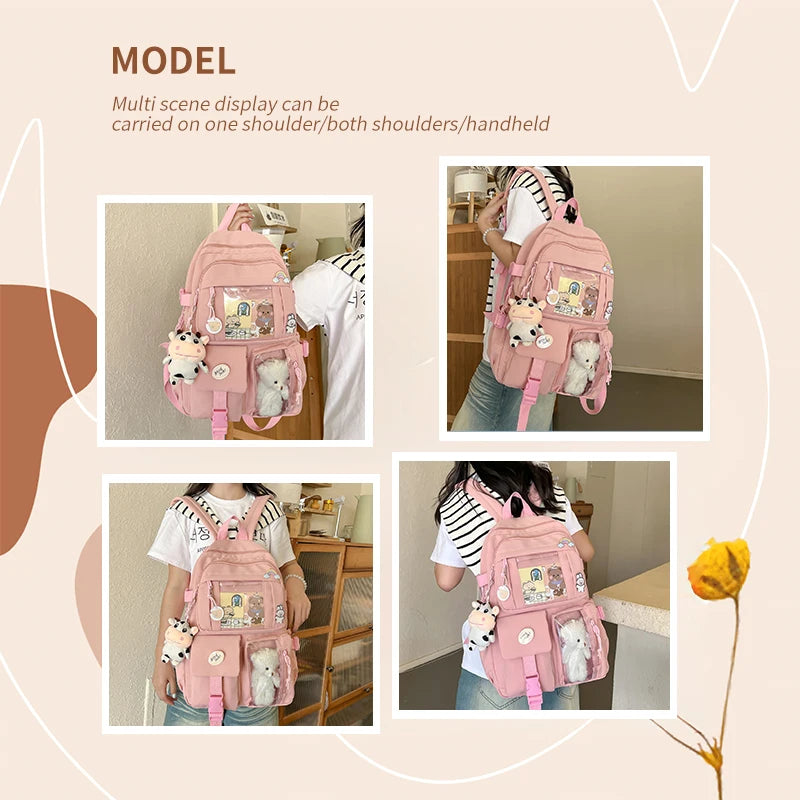 Cute Nylon Backpack Suitable for Young Girls, Female Students, and Ladies, Multi-Pocket Student Backpack
