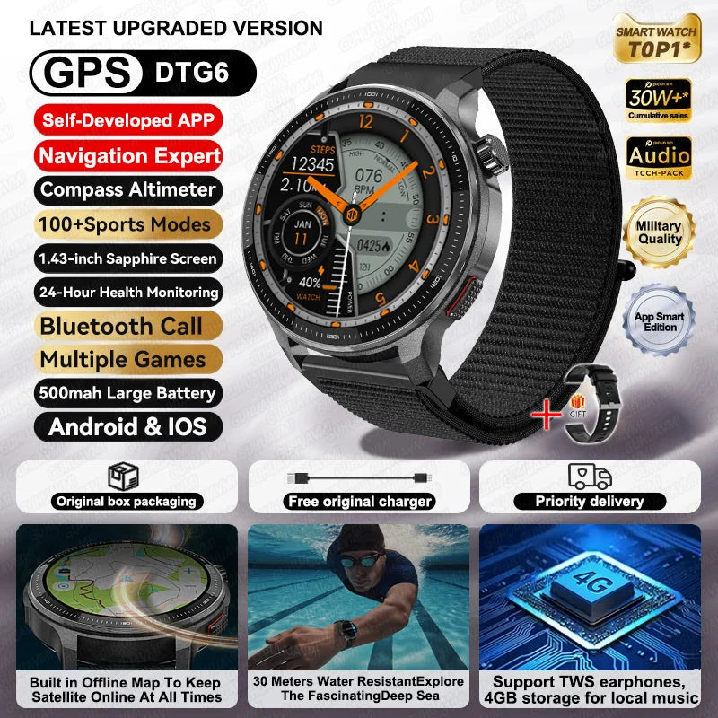 2026 New Smart Watch GPS offline map 4GB Video Player Compass 10ATM Waterproof Smartwatch Men Heart rate Sports outdoor tracking