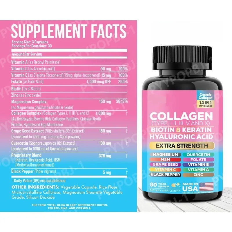 Collagen Complex Capsules with Biotin, Hyaluronic Acid & Vitamins A C & E– 14 in 1 Daily Beauty Nutrition Support 90 Pieces