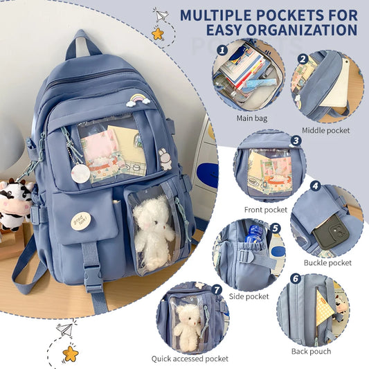 Cute Nylon Backpack Suitable for Young Girls, Female Students, and Ladies, Multi-Pocket Student Backpack