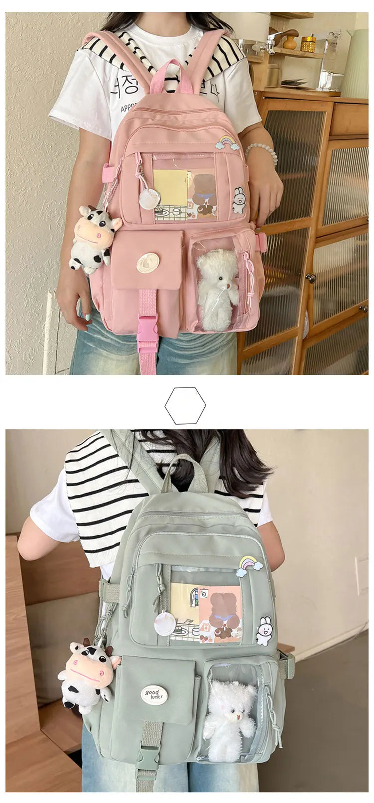 Cute Nylon Backpack Suitable for Young Girls, Female Students, and Ladies, Multi-Pocket Student Backpack