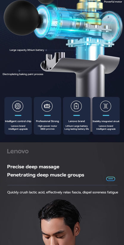 Lenovo Powerful Wireless Massager Gun - 8 Massage Heads, Rechargeable Deep Tissue Percussion Massager